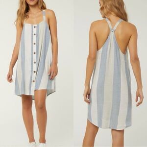 O’NEILL Drew Linen Blend Blue & White Striped Button Down Dress Size Small
